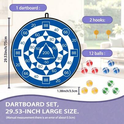 1pc Digital Flat Print Dart Board Set, Extra Large 29.53 Inch, Includes 12 Adhesive Dart Balls, 2 Hooks, For Adults, Suitable For Indoor, Outdoor, Yard, Park, Party.
