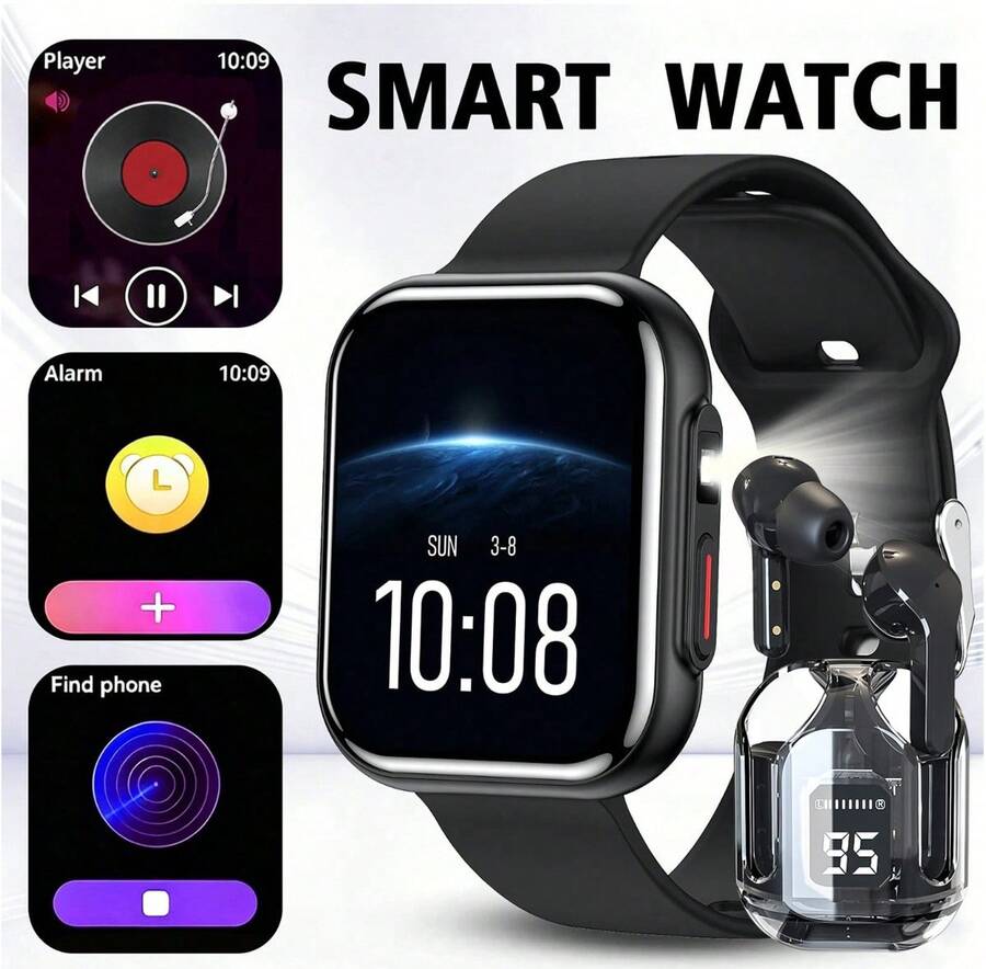 NcmRyu Set Jam Tangan Pintar Olahraga + Earphone, Layar HD 1,83 Inci, Jam Tangan Pintar Unisex, Baterai 260mAh, Senter Luar Ruangan, Berbagai Mode Olahraga, Jam Tangan Pintar Multifungsi, Jam Tangan Pintar Gaya Olahraga Kompatibel dengan Android dan iOS - View 1
