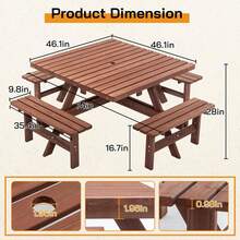 4-8 Person Square Wooden Picnic Table Bench Set, Outdoor Picnic Table With Umbrella Hole And Benches, Outside Dining Table Patio Furniture Set For Garden Backyard Porch And Deck - Multicolor - View 2