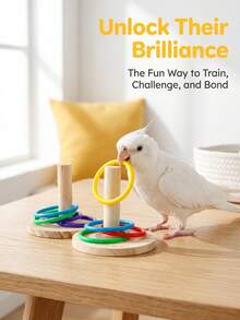 1Pc Wooden Parrot Ring Stacking Toy, Colorful Plastic Rings Bird IQ Training Toy, Interactive Chewing Enrichment Toy For Cockatiel, Budgie, Conure, Pet Bird Cage Accessory Supplies - View 2
