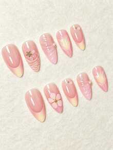 24 Peças Unhas Postiças em Formato de Amêndoa Elegantes e Frescas, Gel 3D, Creme Amarelo, Rosa, Floral, Gradiente Ombré, Estrela do Mar Dourada, Contas de Aço, Listradas, Pérola Branca, Estampa de Leopardo, Francesa, Brilhante, Brilhante, Branco Brilhante, Unhas Postiças Versáteis e Usáveis, Adequadas para Encontros, Festas, Primavera, Verão, Mulheres e Meninas, Outono, Inverno, Uso Diário, Conjunto de Unhas Removíveis com Cola de Gelatina e Lixa de Unha, Fácil de Usar e Durável, Cola de Gelatina Enviada Aleatoriamente - Amarelo - Visão 4
