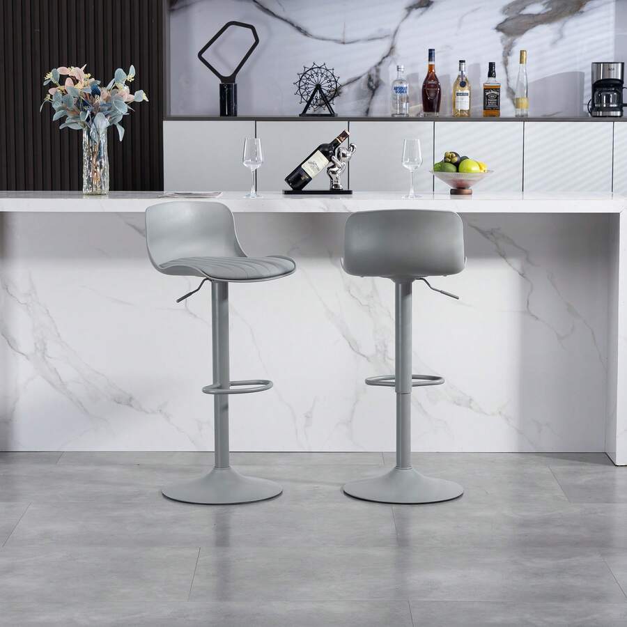 Rotating Bar Stool Set Of 2, Grey Plastic Backrest Synthetic Leather - 灰色 - 查看 1