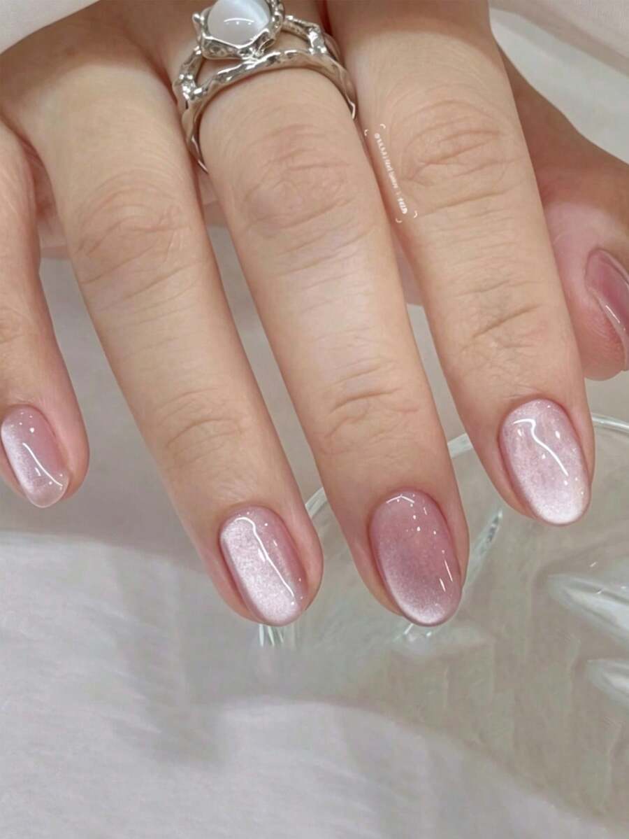 Women Girls Press-On Nails 24pcs Medium Oval Full Coverage Fake Nails Pink Solid Color Gradient Glossy Glitter Acrylic Glue Nail Tips