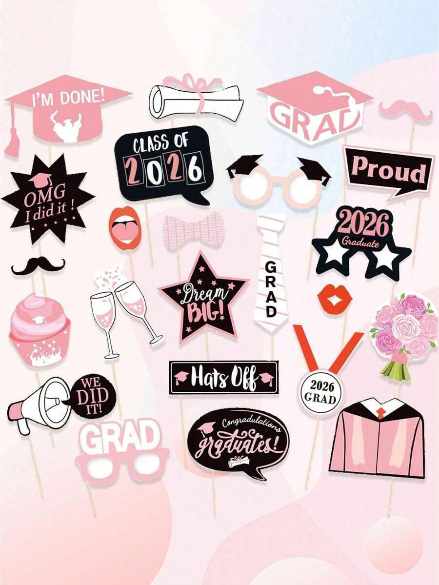 24 piezas Accesorios para fotos de fiesta de graduación 2026, Decoraciones de fiesta de graduación rosa para niñas, Accesorios de palo selfie para graduación, Accesorios de fotos de felicitación de graduación - Rosa - Ver 1