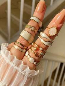 8pcs Bohemian Vacation Style Drip Oil Geometric Sun Ring Set, Sweet & Cool Girl Ins Alloy Stackable Rings, Holiday Gift, Beach Vacation, Birthday Gift Exquisite Jewelry - Yellow Gold - View 2