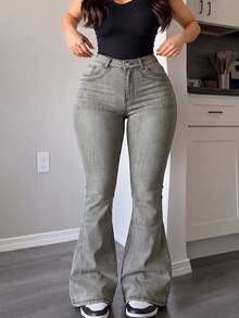 Plus Size Denim Straight Leg Jeans For Women, Medium Stretch Long Pants With Zipper Details, Perfect For Fall Women's Clothes - Light Grey - View 4