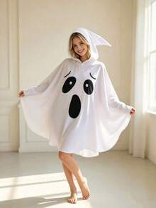 1pc Halloween Girls Costume Cape, Ghost Hooded, Funny Pumpkin Face Cape Cosplay Outfit (Mixed Hair) - B - View 6
