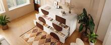 Sideboard With 6 Drawers, Elegant Curved Design White And Walnut Wood - Putih - View 2