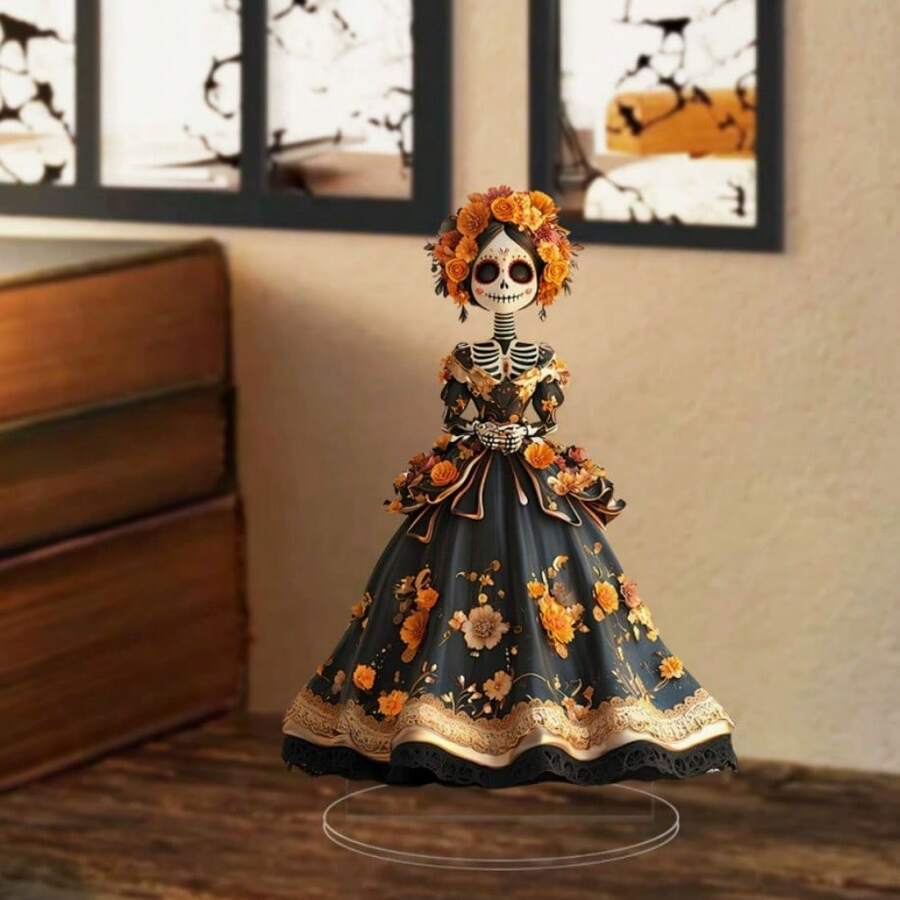 Hiasan Meja Wanita Tengkorak Gula Bergaun Panjang Bunga Kuning Datar 2D, Ornamen Dekoratif Suasana Rumah Halloween Hari Orang Mati - B - View 1