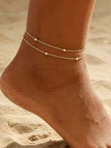 1pc Minimalist Double Layer Beaded Anklet, Multi-Functional Sexy Suitable For Party, Beach, Daily Wear, Holiday Gift (Random Bead Quantity) - Gold - View 2