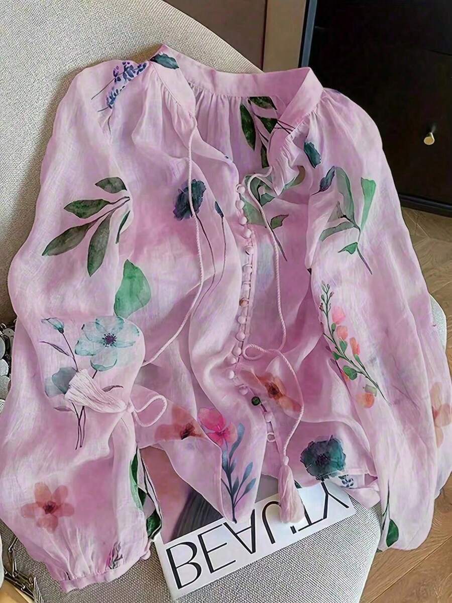 女款花卉印花百褶休閒百搭日常穿著襯衫,秋冬款 - 粉色 - 查看 1