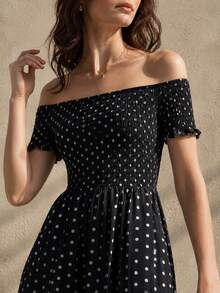 Elegantes schwarzes A-Linien-Langkleid für Damen mit weißen Punkts für den Sommer - Schwarz - Übersicht 2