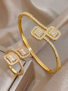 18K Gold Plated Square & Rectangular Zirconia Jewelry Set, Adjustable Open Cuff Bracelet And Ring, Elegant Women's Accessories, Suitable For Daily Wear And Party Occasions - Multicolor - View 4