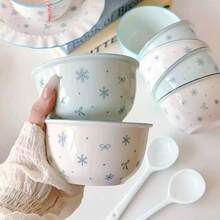 Set Mangkuk dan Sendok Keramik Motif Hati Gadis Kepingan Salju Biru, Peralatan Makan Warna Underglaze, Mangkuk Nasi, Mangkuk Dessert dengan Sendok - Baby Blue - View 2