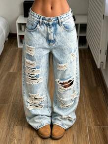 Mid Waist Street Casual Basic Blue Breathable Women'S Jeans White Fall - White - View 1