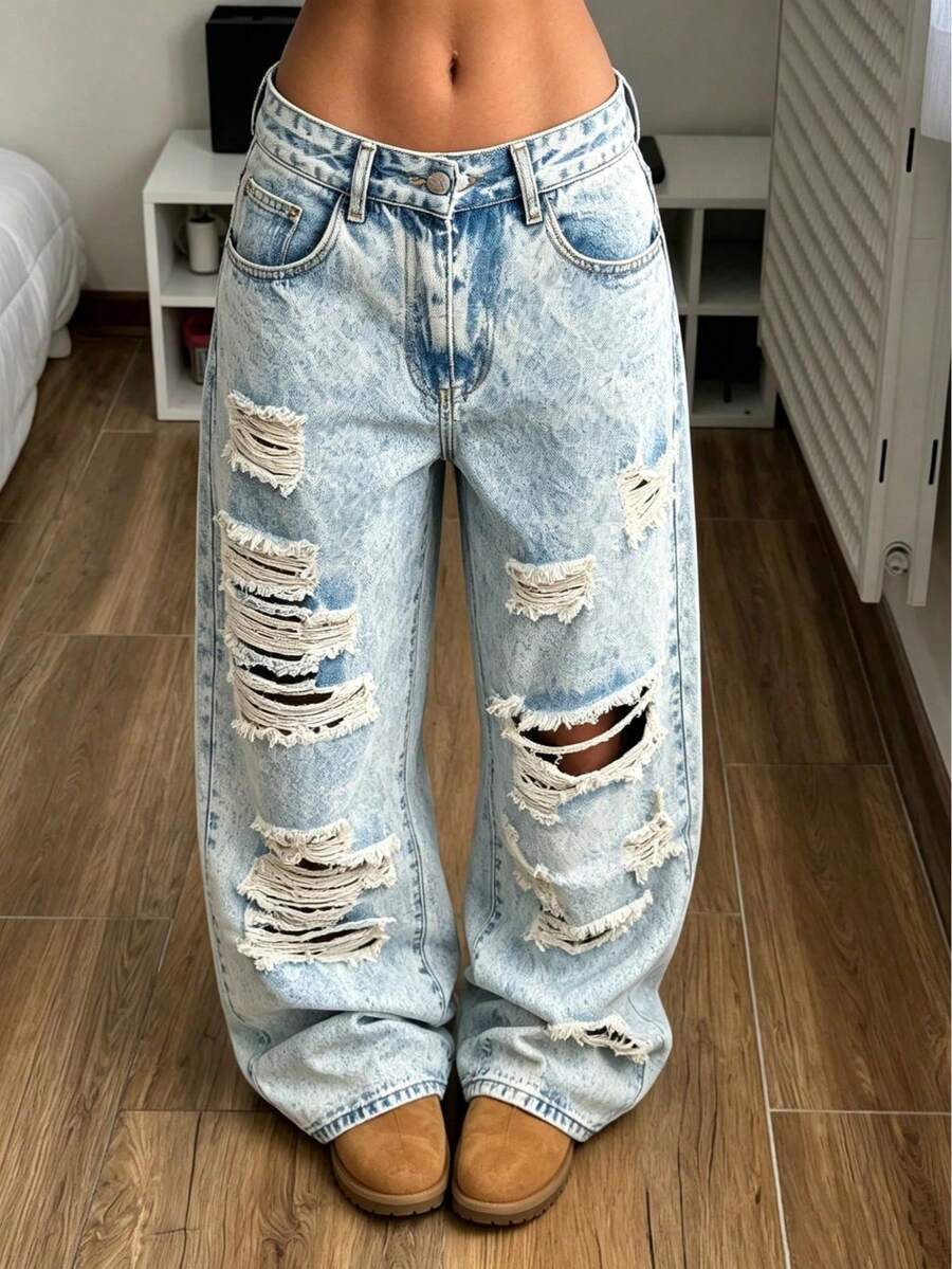 Mid Waist Street Casual Basic Blue Breathable Women'S Jeans White Fall - White - View 1