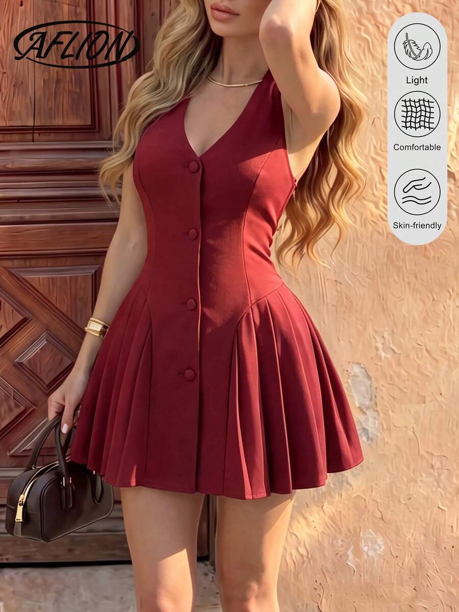 Aflion Gaun Mini Lipit A-Line Seksi Gaya Y2K Musim Panas Wanita Warna Burgundy dengan Tali Bahu Tipis dan Kancing Depan, Gaun Slip Pas Badan Tanpa Punggung Seksi Cocok untuk Pesta, Kencan, Klub Malam, dan Liburan - Burgundy - View 1