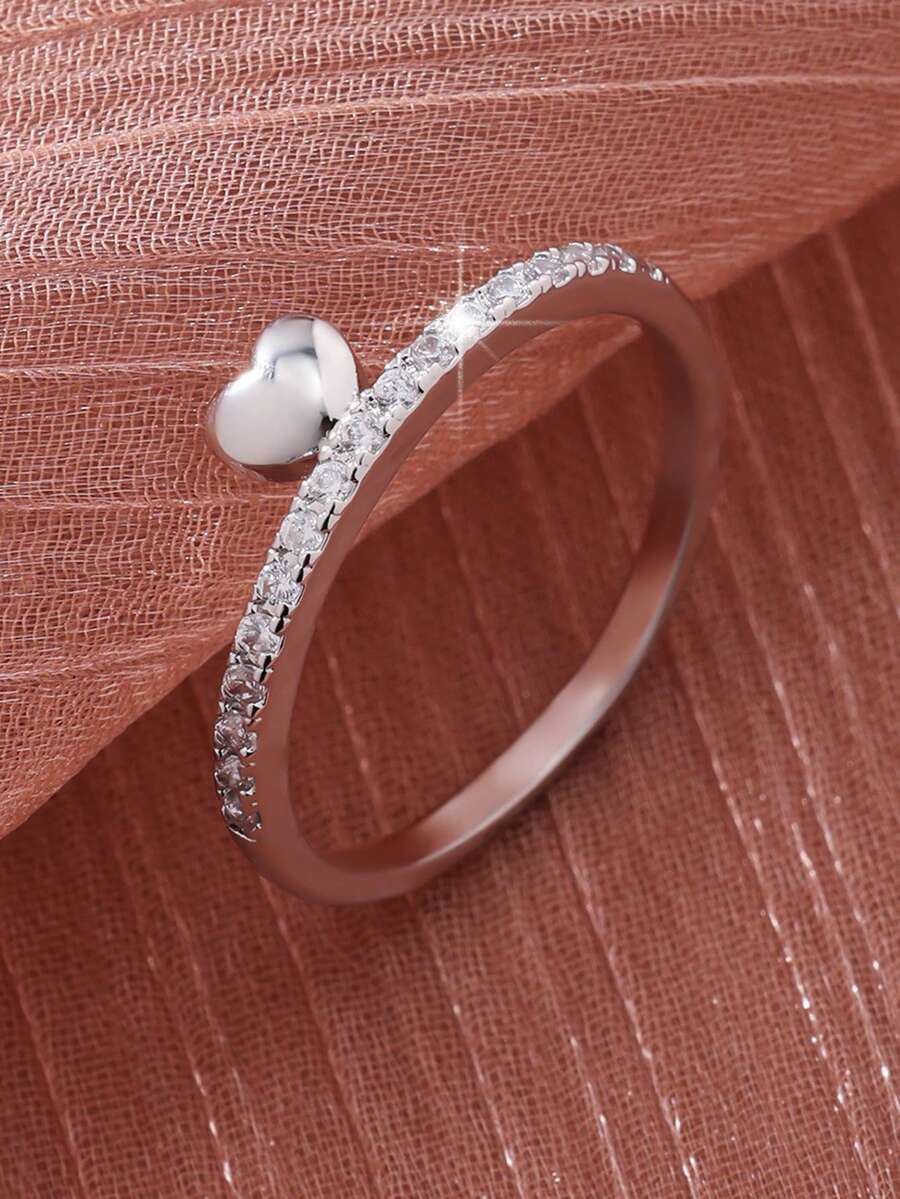 1pc Minimalist Heart Design Women's Ring, Inlaid With Small Synthetic Cubic Zirconia, Perfect Ideal Valentine's Day, Wedding, Engagement Gift - Silver - View 1