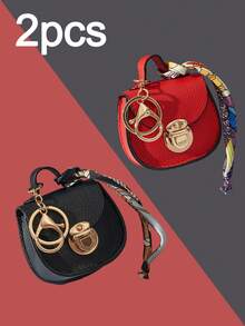 CHARM INFINITE Bolso colgante multifuncional con llavero de cierre giratorio mini en forma de silla de montar, textura de lichi en 7 colores, decoración de cinta de seda estampada, para guardar auriculares, lápiz labial y monedas - Multicolor - Ver 19