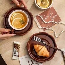 1 Set 250ml Ceramic Rose Coffee Cup With Tray, Vintage Brown Floral Tea Cup Set, Suitable For Home Kitchen Wedding Gift - Coffee Brown - View 6