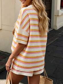 Women's Crochet Striped 2 Pieces Set, Includes A Button-Up Collar Top And Shorts, Perfect For Elegant Summer Casual Wear - Pink - View 6