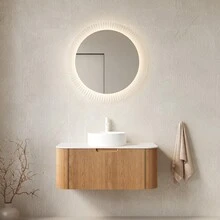 DINA 36" Bathroom Vanity&Sink, Floating Curved Edges Striped Bathroom Storage Cabinet With Drawer, White Round Ceramic Basin&Carrara White Artificial Marble Top, Pre-Assembled, Natural Woodgrain Color-XY316924 - 1 - View 1