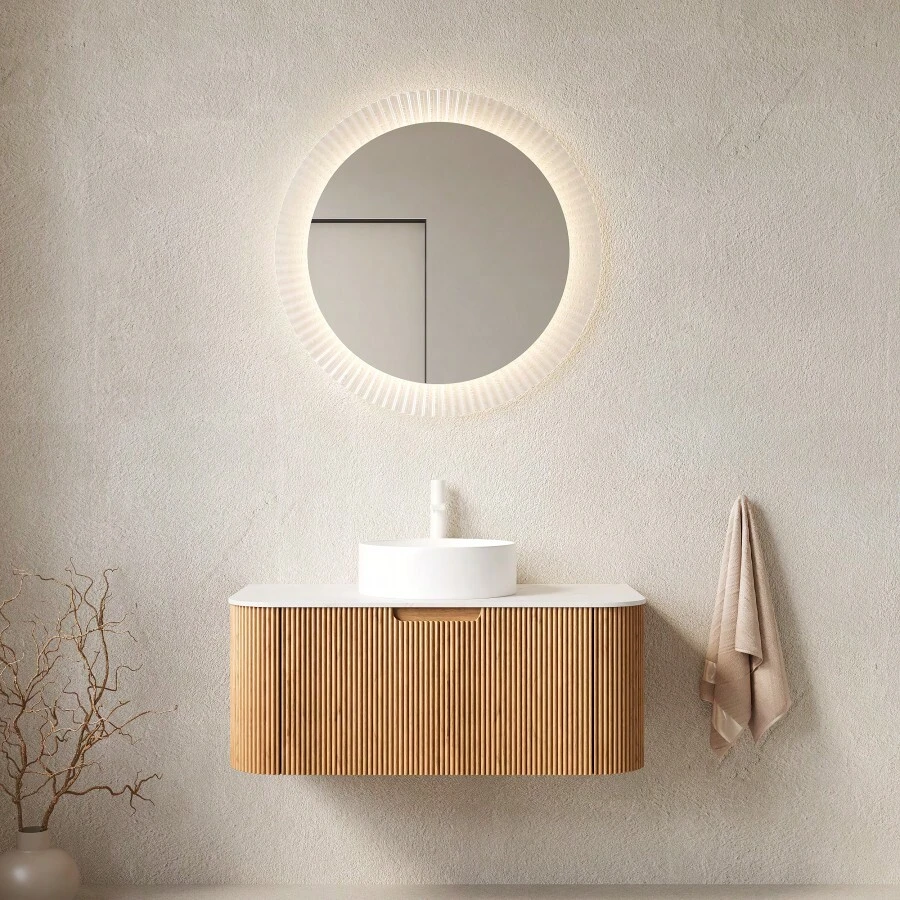 DINA 36" Bathroom Vanity&Sink, Floating Curved Edges Striped Bathroom Storage Cabinet With Drawer, White Round Ceramic Basin&Carrara White Artificial Marble Top, Pre-Assembled, Natural Woodgrain Color-XY316924 - 1 - View 1