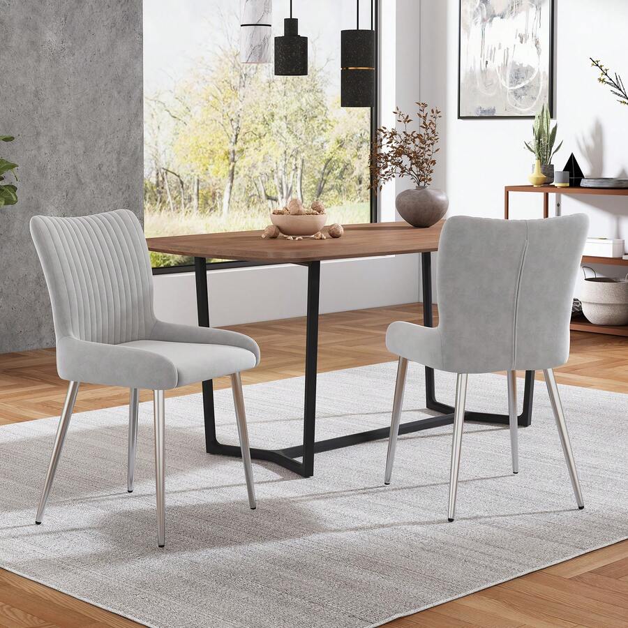 Velvet Dining Room Chair Set Of 2, Beige, Metal Legs - 灰色 - 查看 1