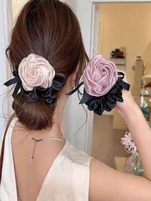 1 Ikat Rambut Pita Mawar Satin, Gaya Retro Prancis Mewah, Aksesori Rambut Ekor Kuda Rendah Musim Semi/Panas, Ikat Rambut Estetis yang Lembut - MultiWarna - View 2
