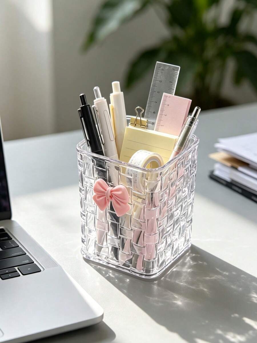 1pc Luxury Woven Texture Transparent Storage Box, Multi-Functional Stationery And Cosmetic Organizer, Decorated With Cute Bow, Space-Saving And Tidy - Pen Holder - View 1