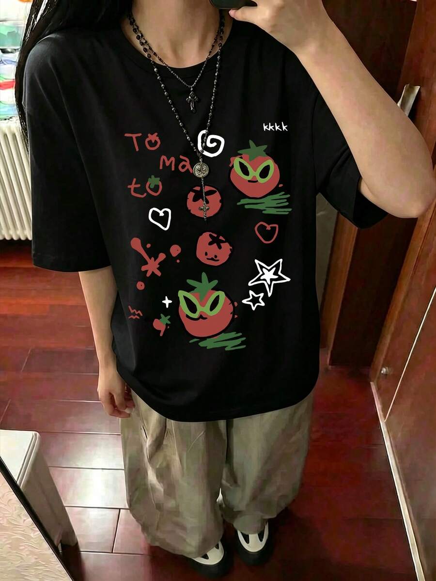 日式大尺碼女款寬鬆休閒圓領卡通番茄與水果印花短袖T恤,春夏白色黑色 - 黑色 - 查看 1