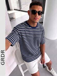 GRDR 男士夏季时尚条纹提花领短袖T恤，适合商务通勤和日常穿着 - 藏蓝色 - 查看 3