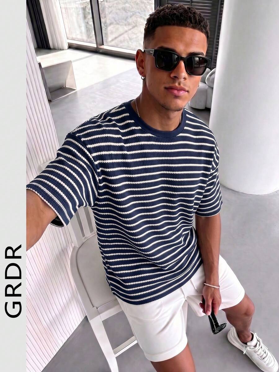 GRDR Men's Summer Fashion Striped Jacquard Collar Short Sleeve T-Shirt, Suitable For Business Commute And Daily Wear