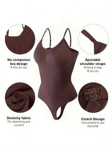 2Pcs High Waist Tummy Control Thong Bodysuit Figure - 棕色 - 查看 5