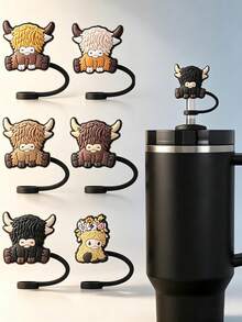 6/3/1pc Highland Cow Silicone Straw Cap Set, Cute Cow-Shaped Straw Top Cover, Fits 30oz And 40oz Handle Tumblers, 10mm Universal Straw Dust Cap, Reusable Dust-Proof Straw Plug, Home Travel School Office Car Daily Drinking Cup Accessories - Multicolor - View 2