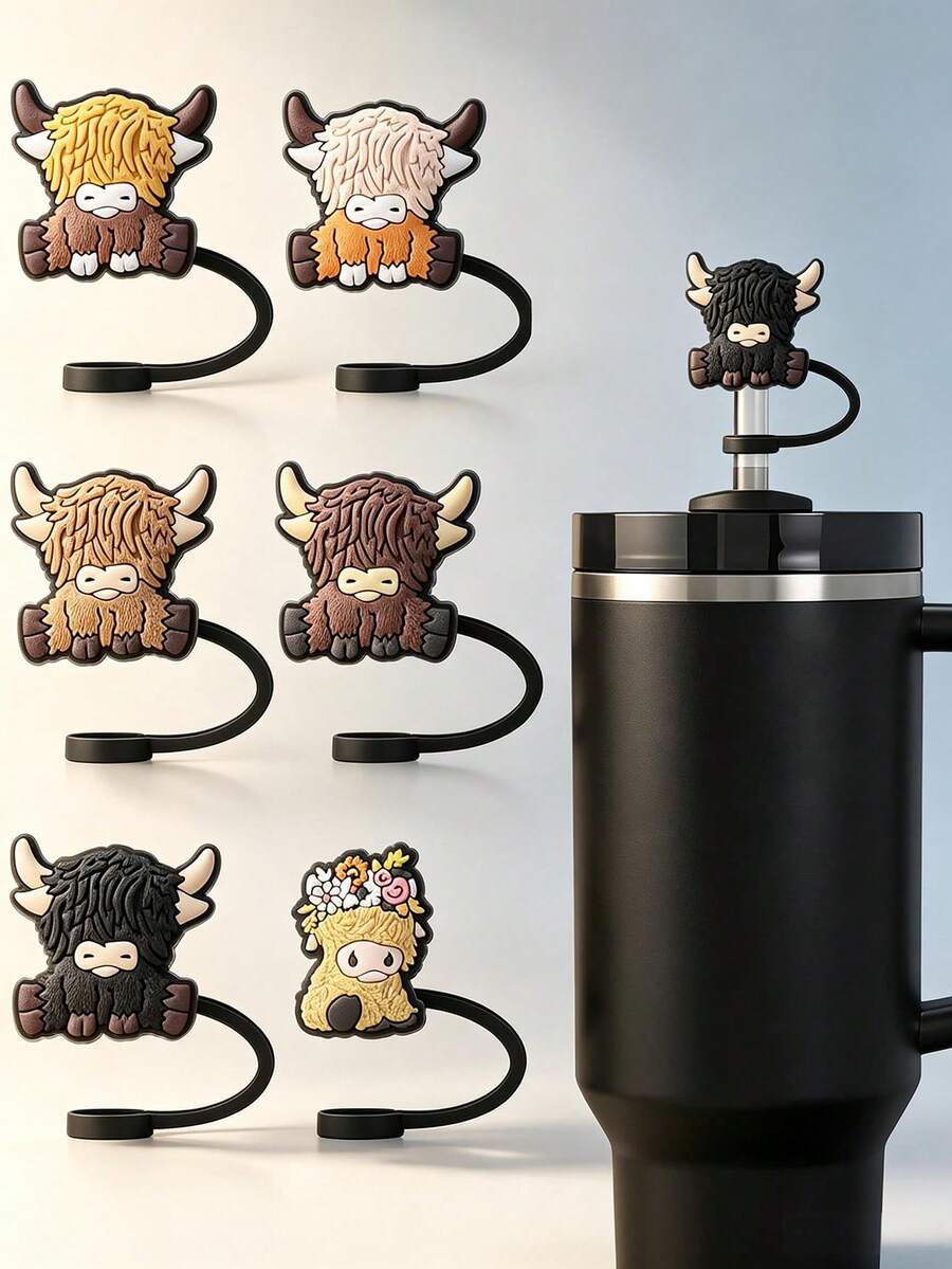 6/3/1pc Highland Cow Silicone Straw Cap Set, Cute Cow-Shaped Straw Top Cover, Fits 30oz And 40oz Handle Tumblers, 10mm Universal Straw Dust Cap, Reusable Dust-Proof Straw Plug, Home Travel School Office Car Daily Drinking Cup Accessories