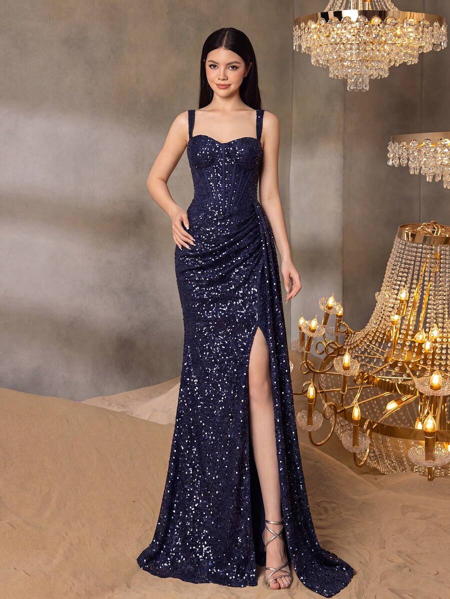 ALISA&LEO Charming Wide Strap Sparkling Evening Gown, Suitable For Teenagers, Featuring Cinched Waist And Thigh Slit, Mermaid Style Formal Dress, Perfect For Prom, Graduation Ball, Pageant And Formal Events - Navy Blue - View 1