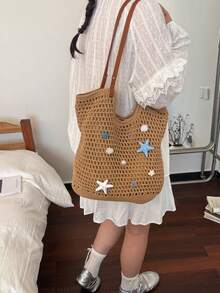 Dedoo 可愛海星貝殼鉤編米色鏤空沙灘單肩包 女款夏季度假手提包 草編編織包 度假必備 - 卡其色 - 查看 3