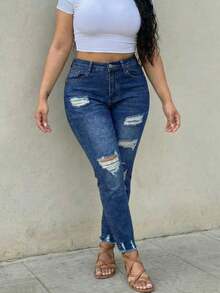 Women's Casual Distressed Tapered Cropped Jeans - Dark Wash - View 3