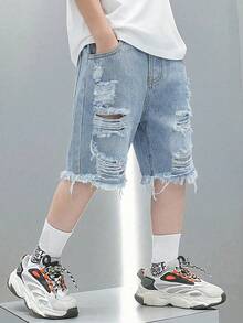Young Boy New Fashion Distressed Casual Soft Basic Simple Blue Denim Distressed Shorts Spring Summer - Blue - View 3