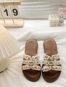 Sandalias planas de perlas francesas 2026, sandalias de playa de moda, zapatillas casuales de moda, boda - Beis - Ver 2