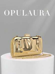 OpulAura 1件金色歐美風女款壓克力晚宴手拿包，不對稱方盒設計搭配撞色扣環，適合派對、宴會/婚禮、情人節場合 - 金色 - 查看 2