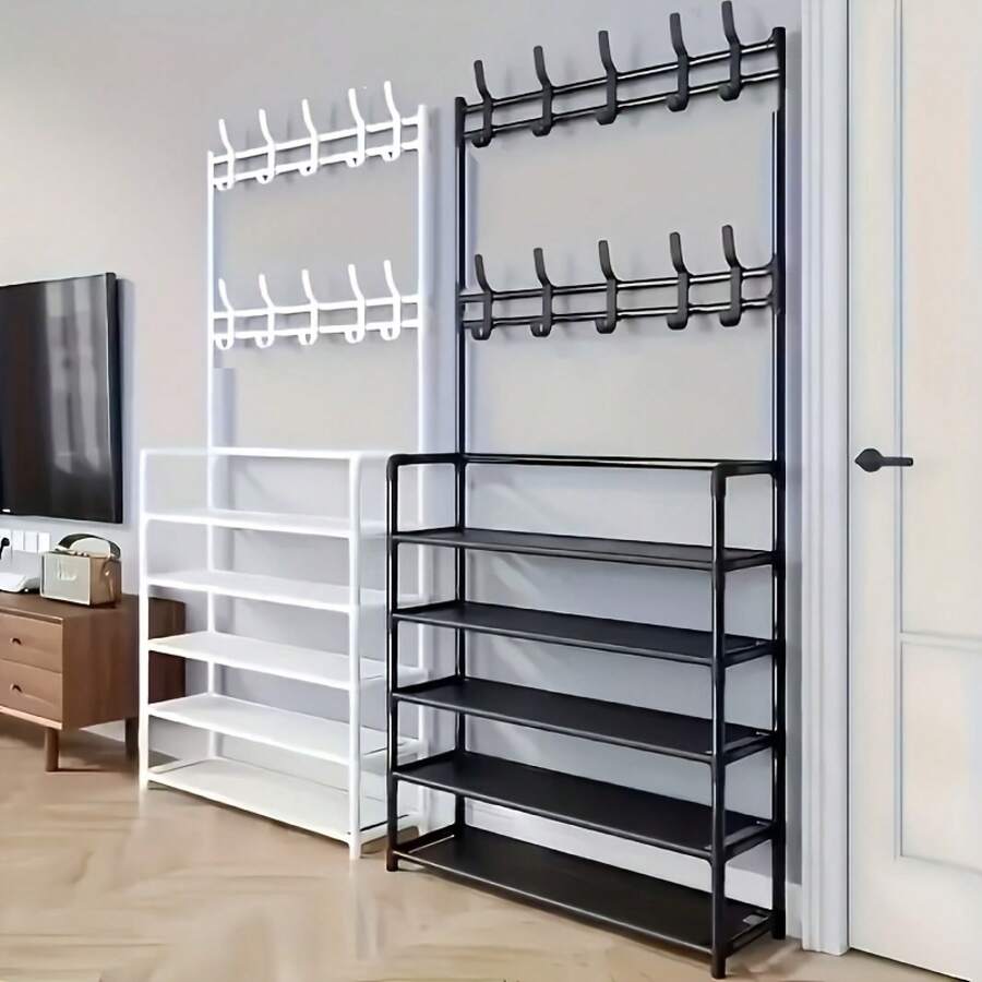 Senmeo 1Pc Multi-Functional 5-Tier Metal Shoe Storage Stand, Built-In 10 Double Coat Hooks Freestanding Organizer, Large Capacity Space Saver For Entryway/Living Room/Bathroom/Hallway