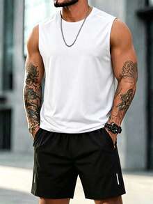 Men's Summer Casual Home Set, Light Gray Solid Color Reflective Strip Night Running Crew Neck Sleeveless Tank Top With Zipper Pocket Shorts 2-Piece Set, Fitness Casual Sports Outfit - White - View 5