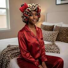 Leopard Print Plush 3D Cat Ear Headband Bow Hair Cap, Quick-Dry Soft Sleep Hair Cap, Suitable For Daily And Nighttime Hair Care - Leopard Print - View 7