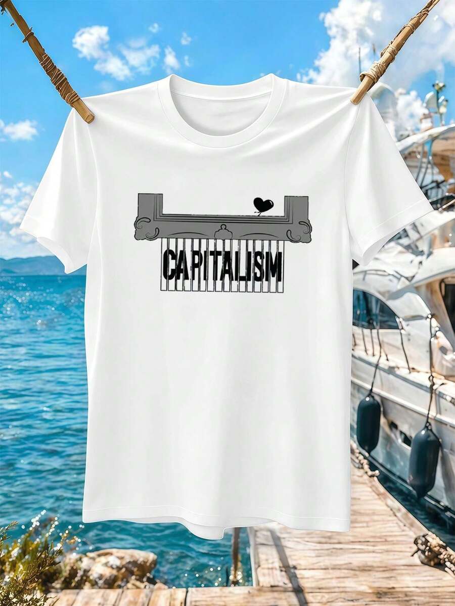 Men's Streetwear Style T-Shirt With Capitalism Print, Ideal For Spring, Urban Hip-Hop, Breathable And With An Eye-Catching Design. - White - View 1