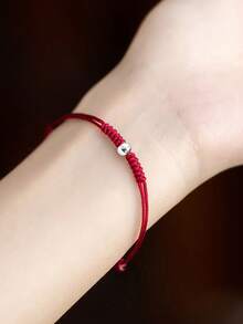 1pc S925 Sterling Silver Minimalist Red Cord Bracelet With Small Round Beads, Adjustable, Versatile For Daily Commute And Casual Wear, Atmospheric Accessory, Thoughtful Gift For Best Friend, Lover, Birthday And Festival - Beads - View 4
