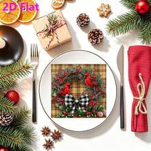 20pcs Holiday Cardinal Holly Wreath Buffalo Plaid Bow Print Paper Napkins, 2D Flat Vintage Farmhouse Style Christmas Disposable Napkins, Suitable For Holiday Dinner Cottagecore Table Decor - Multiple Styles - View 3