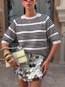 SEREN 女款夏季條紋短袖針織上衣，圓領鏤空寬鬆針織T恤，羅紋套頭衫，Y2K上衣，街頭復古風 - 黑與白 - 查看 4