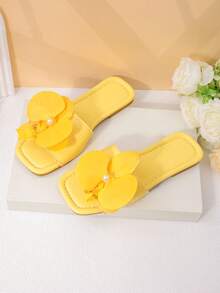 1 Pair Girls' Yellow Floral Decor Sandals, Non-Slip Wear-Resistant Square Toe Low-Top Open-Toe Flat Bottom, Fresh Sweet Style, Suitable For Spring/Summer Beach, Outdoor, Home - Yellow - View 8